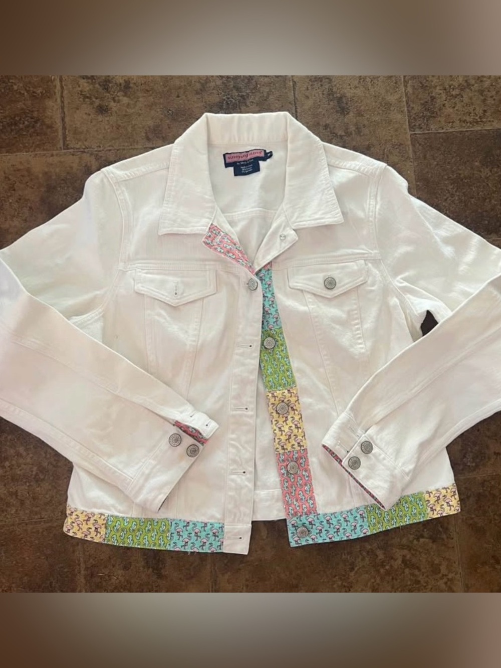 Vineyard vines medium women White Denim Jacket with Colorful Accents